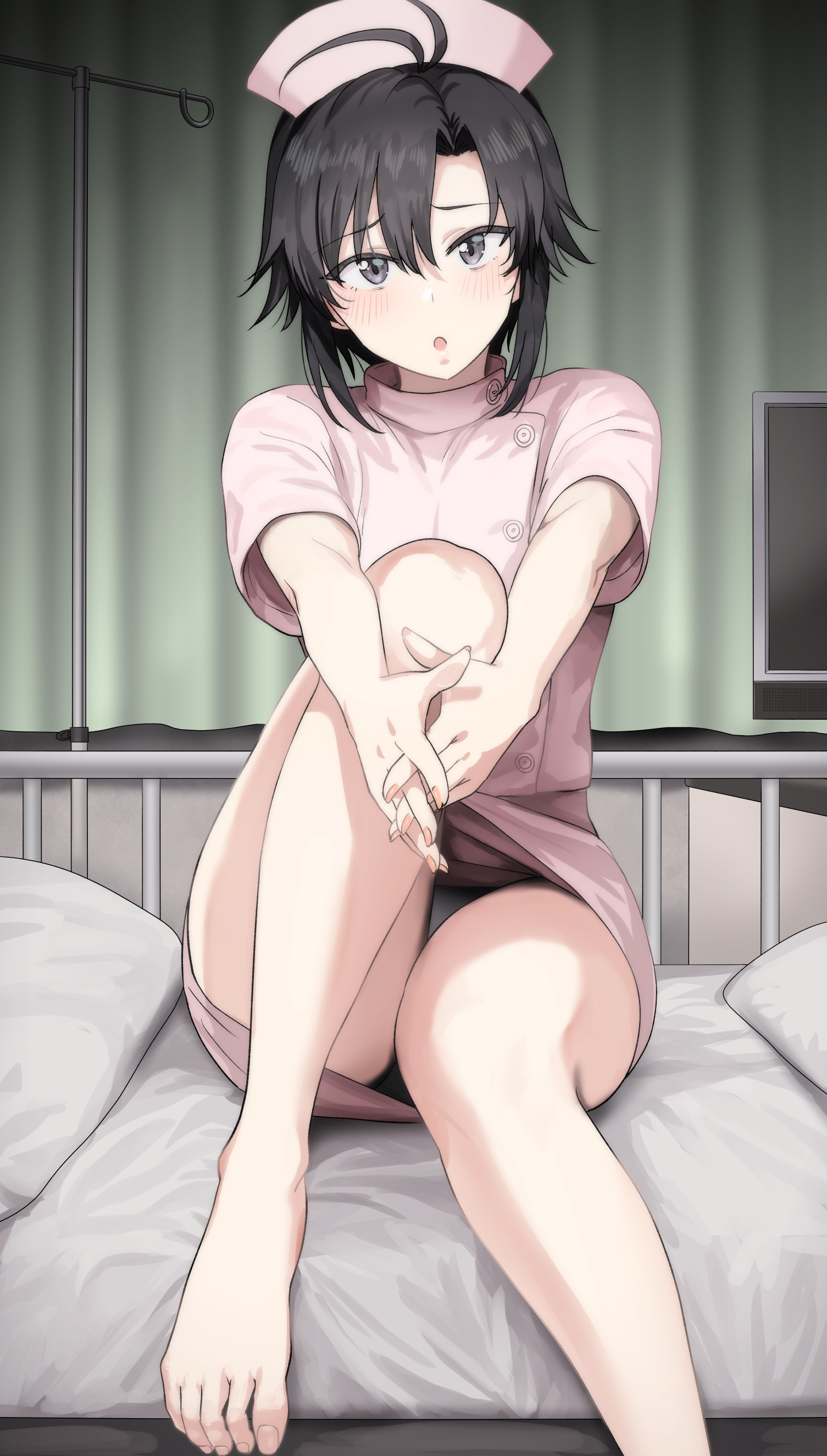 tsurui, kikuchi makoto, idolmaster, idolmaster (classic), absurdres, commentary request, highres, 1girl, :o, antenna hair, bare legs, barefoot, bed, black eyes, black hair, blush, curtains, feet, fingernails, foot out of frame, hair between eyes, hat, hospital bed, indoors, interlocked fingers, knee up, looking at viewer, nurse, nurse cap, on bed, own hands together, panties, pantyshot, short hair, short sleeves, sitting, solo, toenails, toes, underwear, upskirt