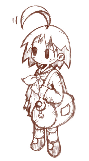 original, bad source, 1girl, :o, ahoge, amazake (manuke no oukoku), ankle socks, bag, barrel bag, black eyes, blouse, blush, bob cut, charm (object), deformed, full body, holding, holding bag, huge ahoge, legs apart, long sleeves, medium hair, miniskirt, monochrome, motion lines, neckerchief, open mouth, parted lips, pleated skirt, sailor collar, school bag, school uniform, serafuku, shirt, shoes, sketch, skirt, sleeve cuffs, socks, solo, standing, white background, wispy bangs