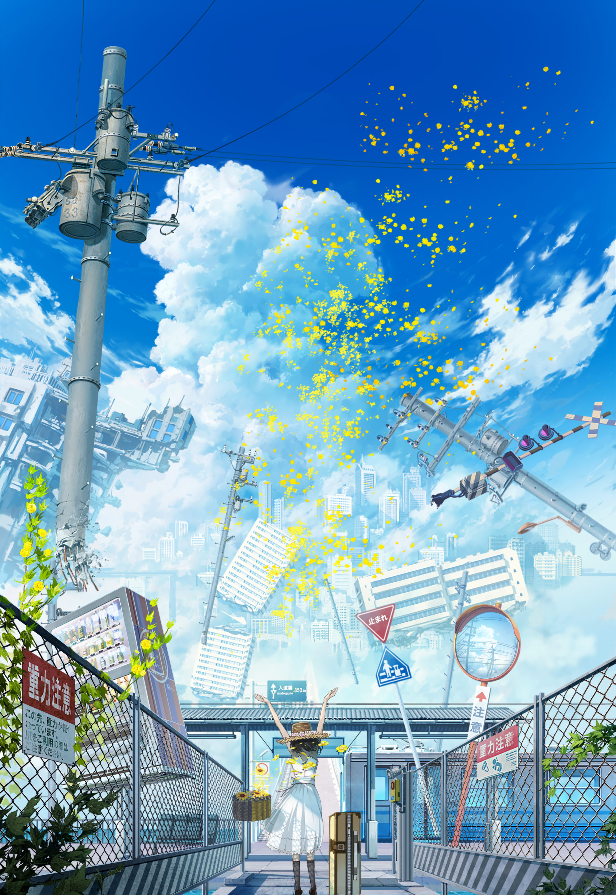 shjjy296, original, absurdres, commentary request, highres, 1girl, arms up, bare arms, basket, black hair, black socks, blue sky, boots, building, chain-link fence, city, cityscape, cloud, cloudy sky, crosswalk, cumulonimbus cloud, day, dress, facing away, fantasy, fence, flower, from behind, hat, kneehighs, leaf, mirror, outdoors, petals, plant, power lines, railroad signal, road sign, scenery, short hair, sign, sky, skyscraper, sleeveless, sleeveless dress, socks, solo, standing, straw hat, suitcase, summer, sun hat, sundress, traffic light, train station, tree, utility pole, vending machine, white dress, yellow flower