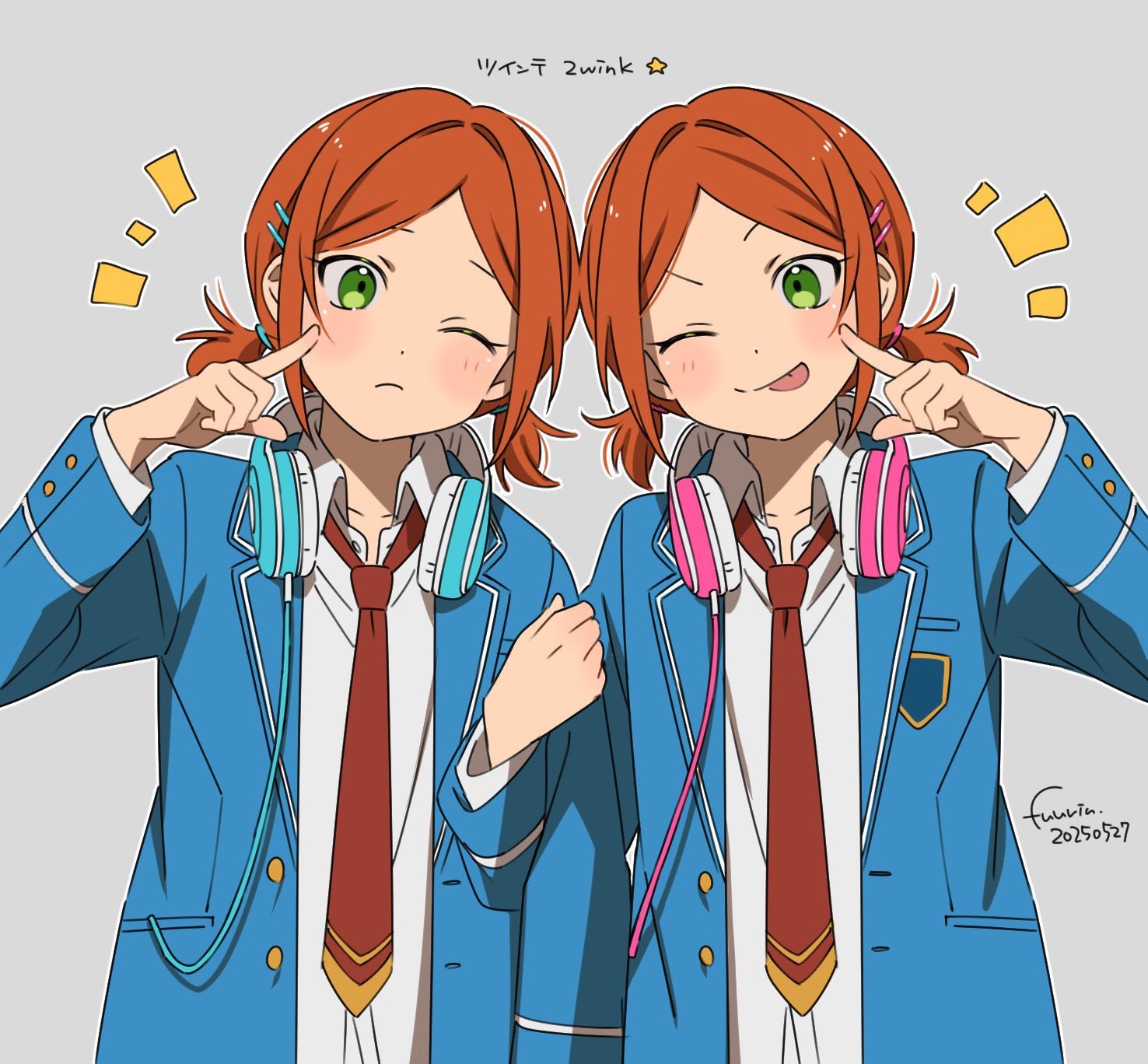 fuurin (sior fr), aoi hinata, aoi yuta, ensemble stars!, highres, 2boys, 2wink (ensemble stars!), ^^^, arm hug, blazer, blue jacket, brothers, collared shirt, green eyes, hair ornament, hairclip, headphones, headphones around neck, index finger raised, jacket, looking at another, low twintails, male focus, multiple boys, necktie, one eye closed, open clothes, open jacket, orange hair, parallel hairclips, parted bangs, red necktie, school uniform, shirt, short hair, short twintails, siblings, simple background, smile, tongue, tongue out, twins, twintails, upper body, white shirt