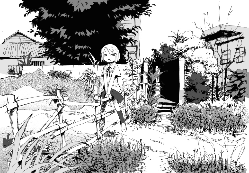 mizu asato, 1girl, female focus, fence, greyscale, monochrome, nature, school uniform, serafuku, sitting, sketch, solo