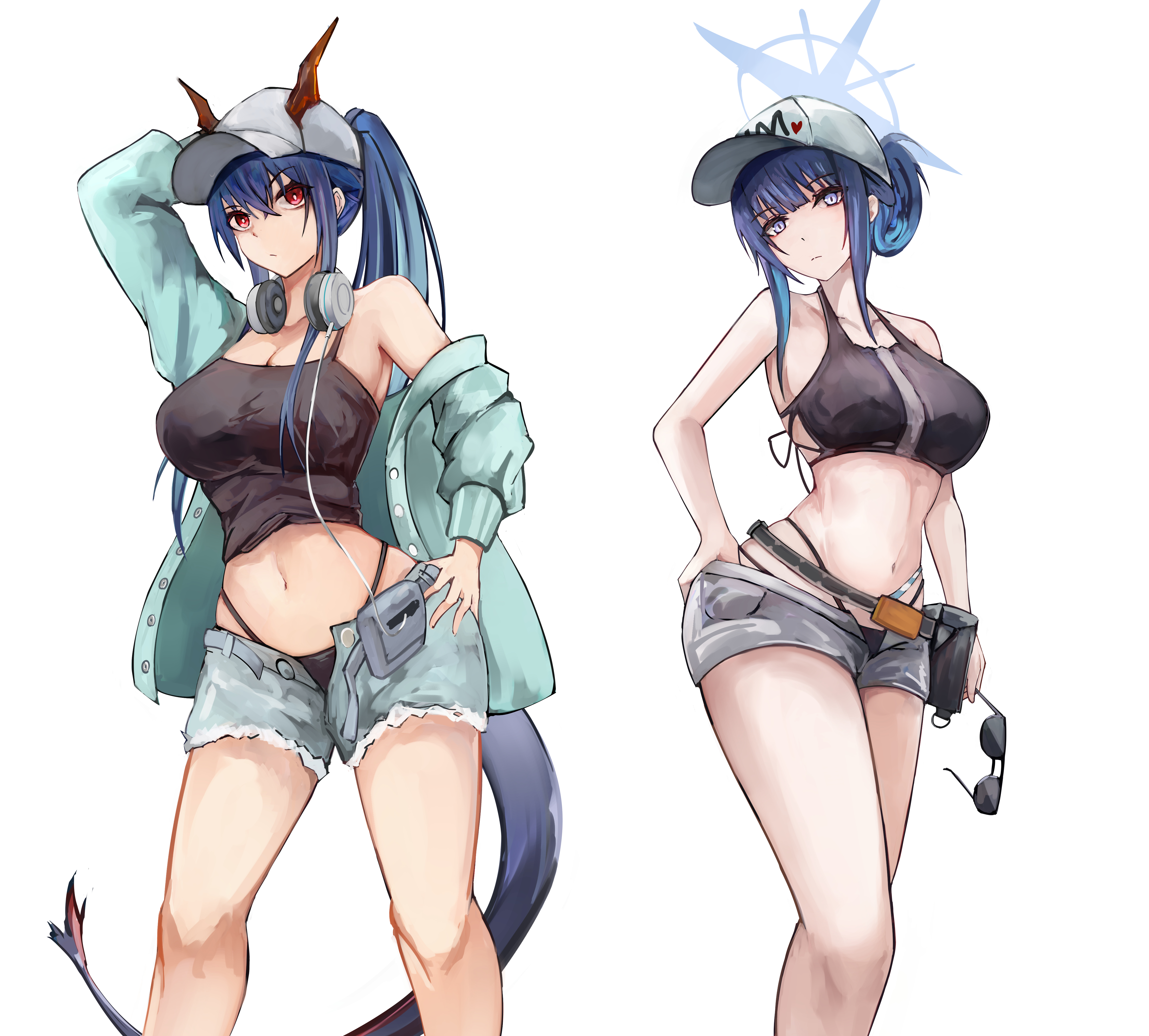 kisumun, ch'en (arknights), ch'en (summer) (arknights), ishigami shizuka, saori (blue archive), saori (swimsuit) (blue archive), arknights, blue archive, absurdres, commentary request, highres, 2girls, arm up, bare shoulders, baseball cap, bikini, black bikini, black camisole, blue hair, blue halo, breasts, camisole, ch'en (arknights) (cosplay), cleavage, collarbone, cosplay, denim, denim shorts, dragon girl, dragon horns, dragon tail, feet out of frame, folded ponytail, grey shorts, hair between eyes, halo, hat, headphones, headphones around neck, highleg, highleg bikini, holding, holding removed eyewear, horns, horns through headwear, large breasts, long hair, looking at viewer, multiple girls, navel, official alternate costume, pouch, purple eyes, red eyes, saori (blue archive) (cosplay), short shorts, shorts, sidelocks, simple background, standing, swimsuit, tail, unworn eyewear, voice actor connection, white background, white hat