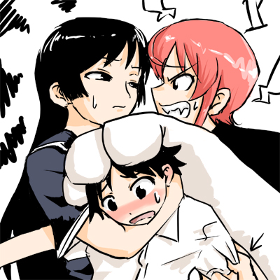 loungena, flandre (kaibutsu oujo), hiyorimi hiro, kamura reiri, riza wildman, kaibutsu oujo, lowres, 00s, 1boy, 3girls, black hair, multiple girls, red hair, school uniform, standing, upper body, vampire, white background