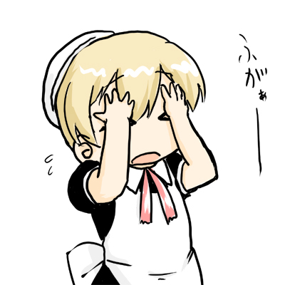 loungena, flandre (kaibutsu oujo), kaibutsu oujo, lowres, 00s, 1girl, blonde hair, female focus, simple background, solo, standing, upper body, white background