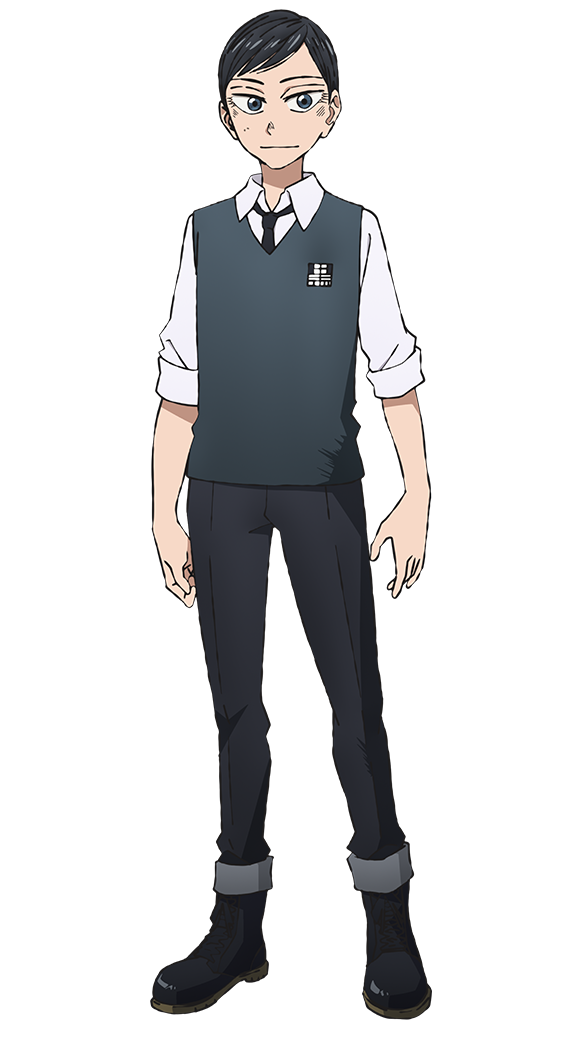 sanda (itagaki paru), official art, 1boy, amaya hitoshi, anime coloring, black boots, black hair, black necktie, black pants, blue eyes, blue sweater vest, boots, closed mouth, collared shirt, full body, ishiyama masamichi, long sleeves, looking at viewer, necktie, pants, pants rolled up, school uniform, shirt, short hair, simple background, sleeves rolled up, solo, standing, sweater vest, tachi-e, transparent background, tsurime, white shirt