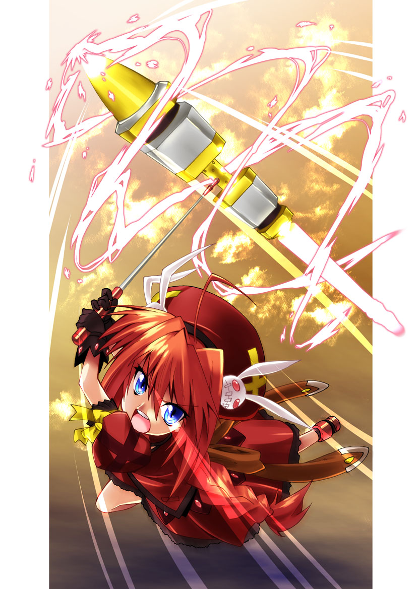 shinozuka atsuto, graf eisen, vita (nanoha), lyrical nanoha, mahou shoujo lyrical nanoha, mahou shoujo lyrical nanoha a's, 00s, ahoge, angry, blue eyes, braid, cloud, dress, gloves, hair ornament, hat, long hair, magic, mallet, open mouth, orange hair, rabbit, sky, solo, twin braids, weapon