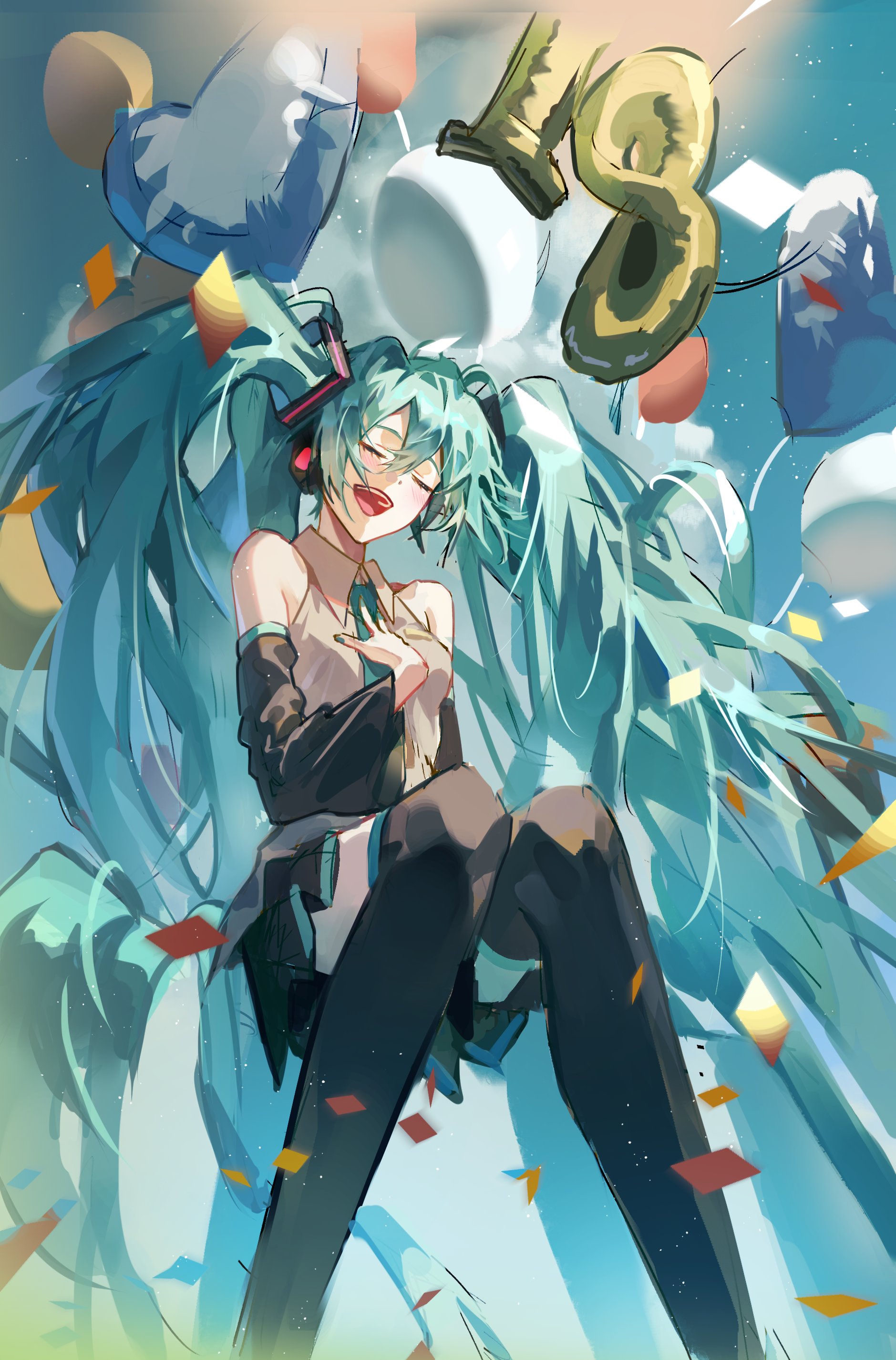 yuckpo (jerky 55), hatsune miku, vocaloid, absurdres, highres, 1girl, aqua hair, aqua necktie, balloon, bare shoulders, black skirt, black sleeves, black thighhighs, boots, closed eyes, collared shirt, confetti, detached sleeves, feet out of frame, grey shirt, hair between eyes, hand on own chest, headphones, headset, heart balloon, long hair, necktie, open mouth, pleated skirt, shirt, sitting, skirt, sleeveless, sleeveless shirt, smile, solo, teeth, thigh boots, thighhighs, twintails, upper teeth only, very long hair