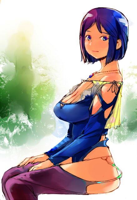 igarashi mangou, original, 1girl, blue eyes, blue hair, bob cut, breasts, cleavage, female focus, gradient hair, large breasts, matching hair/eyes, multicolored hair, profile, purple hair, short hair, sitting, solo, thighhighs