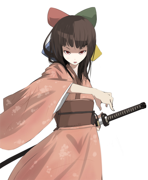 aki toshi, 95-tan, os-tan, 1girl, bow, brown hair, female focus, japanese clothes, katana, kimono, pink kimono, red eyes, solo, sword, weapon, yukata