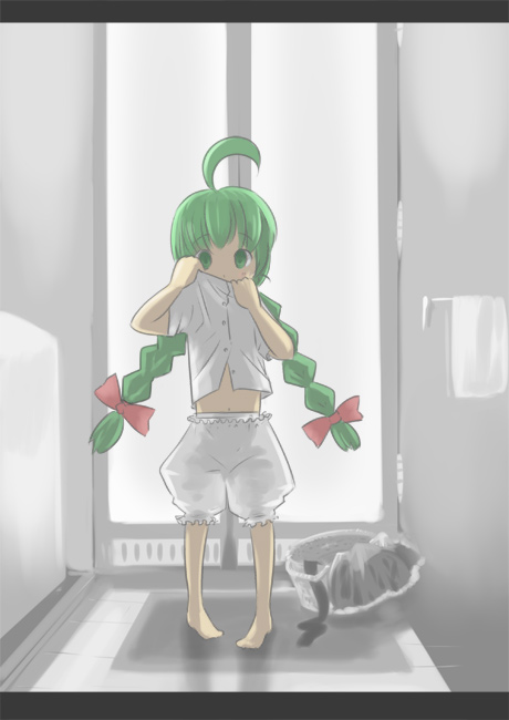 aki toshi, me-tan, os-tan, ahoge, bloomers, braid, green eyes, green hair, loli, solo, twin braids, underwear, undressing, white bloomers