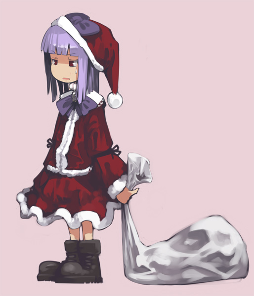 aki toshi, 1girl, boots, christmas, female focus, hat, purple hair, santa costume, santa hat, solo