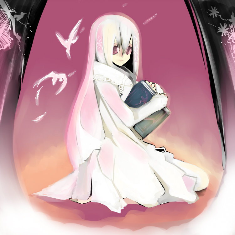 kanikama, el (sound horizon), elysion, sound horizon, 1girl, bird, book, dress, female focus, long hair, pink eyes, solo, white hair