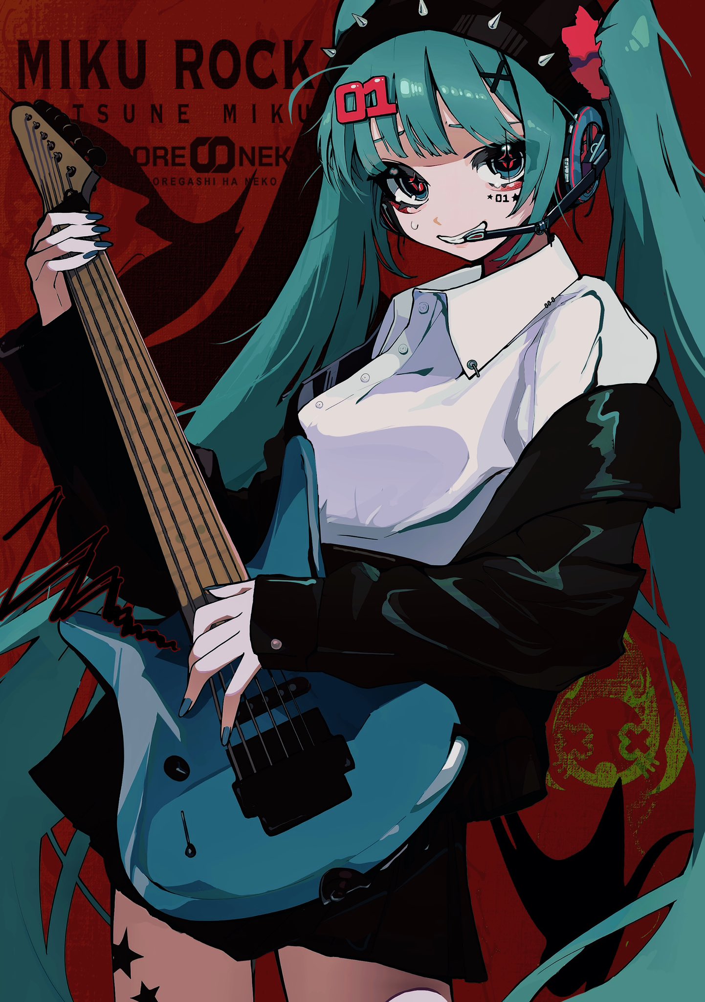 soregashi nk, hatsune miku, vocaloid, highres, 1girl, aqua eyes, aqua hair, aqua nails, black jacket, black skirt, character name, collared shirt, cowboy shot, electric guitar, grin, guitar, hair ornament, hair scrunchie, hairclip, hat, headphones, headset, holding, holding instrument, instrument, jacket, leg tattoo, long hair, long sleeves, looking at viewer, nail polish, off shoulder, open clothes, open jacket, red background, scrunchie, shirt, skirt, smile, solo, tattoo, teeth, thighhighs, twintails, very long hair, white shirt, white thighhighs