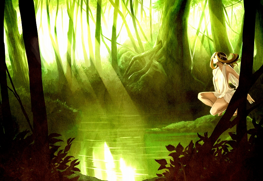 siro (asteblanc), bad id, bad pixiv id, ancient greek clothes, brown eyes, brown hair, chiton, dress, elf, fairy, forest, nature, plant, pointy ears, scenery, solo, sunlight, tree, water, white dress, wings
