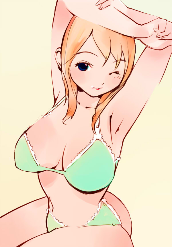 igarashi mangou, original, 1girl, ass, blue eyes, bra, breasts, brown hair, cleavage, female focus, green bra, green panties, large breasts, lingerie, one eye closed, panties, solo, underwear, underwear only, wide hips