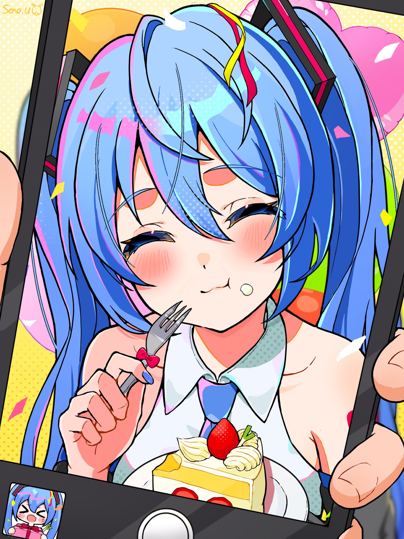 uzuki sena, hatsune miku, vocaloid, highres, > <, 1girl, balloon, bare shoulders, blue hair, blue necktie, blush, cake, cake slice, cellphone, cellphone photo, closed eyes, collared shirt, confetti, detached sleeves, eating, facing viewer, food, food on face, fork, fruit, hair ornament, holding, holding fork, holding phone, long hair, necktie, open mouth, phone, plate, pov, shirt, sleeveless, sleeveless shirt, smartphone, smile, solo focus, strawberry, strawberry shortcake, twintails, upper body, white shirt