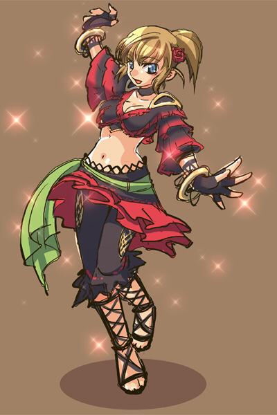 katy (artist), final fantasy, final fantasy xi, cross-laced footwear, 00s, 1girl, blue eyes, brown hair, dancer, female focus, full body, hume, midriff, ponytail, solo