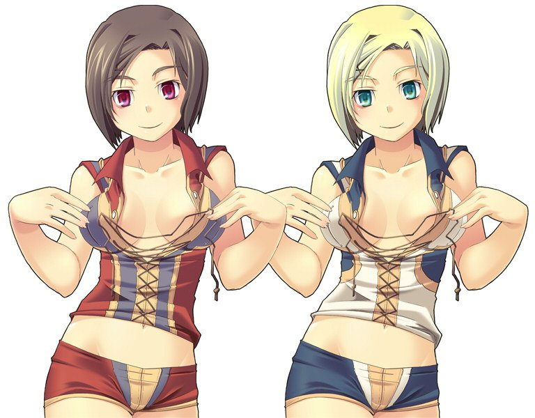 katy (artist), final fantasy, final fantasy xi, 00s, 2girls, breasts, hume, midriff, multiple girls, open clothes, open shirt, shirt, short hair, short shorts, shorts, small breasts