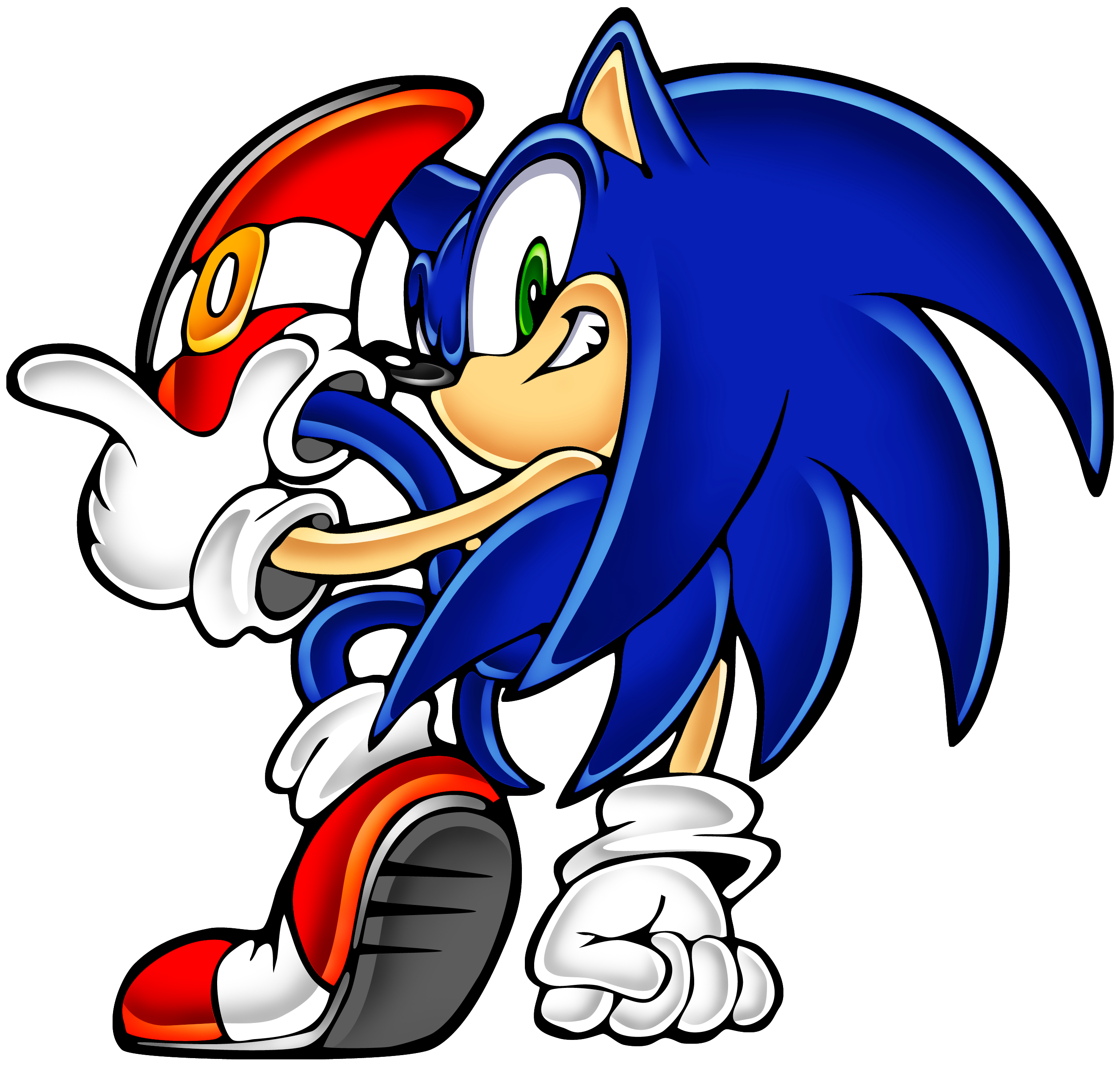 uekawa yuji, sonic the hedgehog, sega, sonic (series), sonic adventure, absurdres, highres, scan, animal ears, bent over, blue fur, clenched hand, dynamic pose, from behind, game console, gloves, green eyes, hand on ground, head tilt, hedgehog, looking back, multiple views, red shoes, sega dreamcast, shoes, smile, smirk, sonic adventure pose, spiked hair, spikes, toon (style), transparent background, turnaround, video game, white gloves