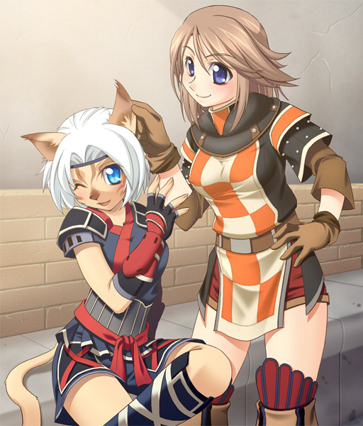 katy (artist), mithra (ff11), final fantasy, final fantasy xi, 00s, 2girls, animal ears, gloves, hand on own hip, hume, multiple girls, tail