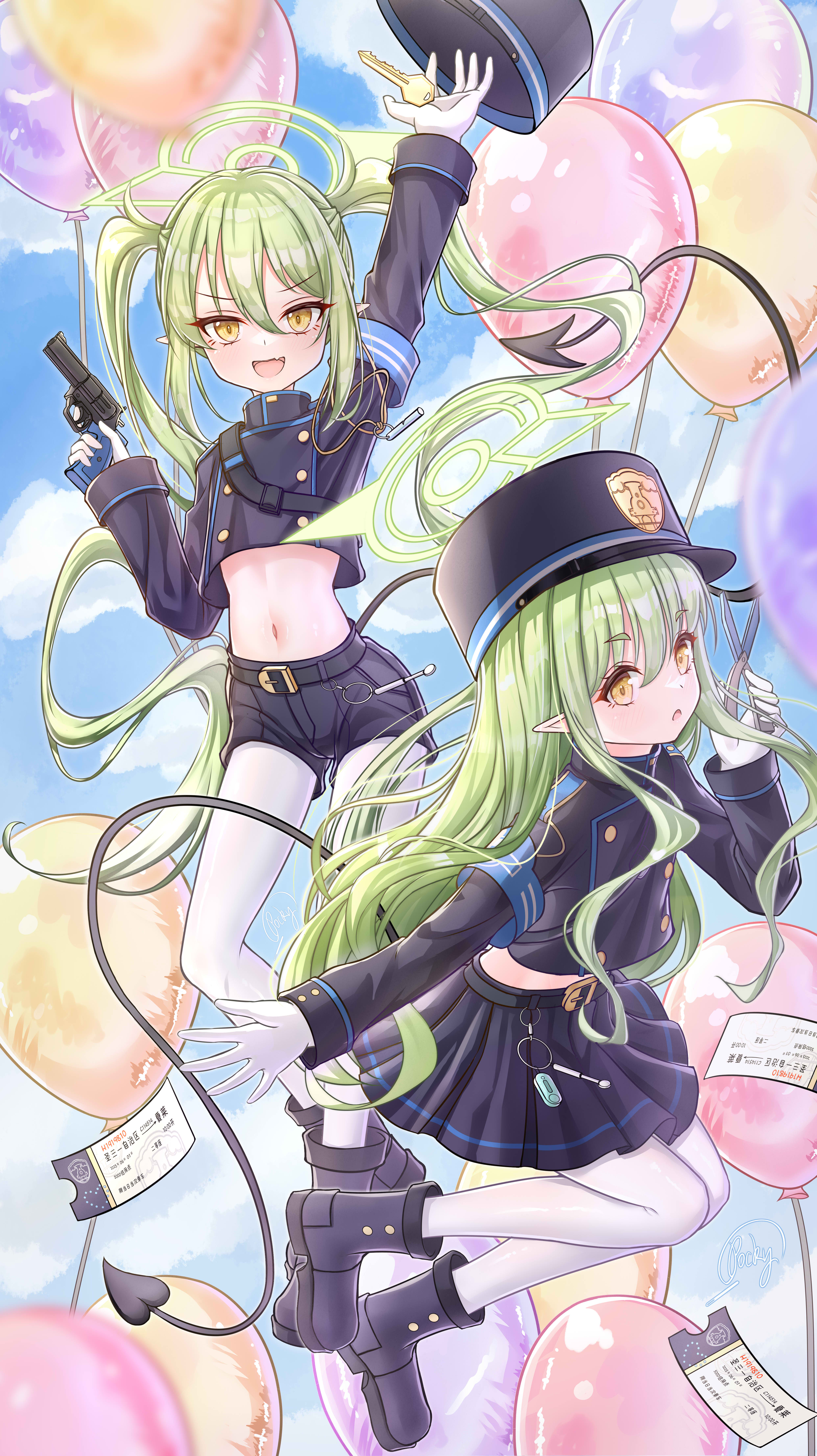 pockysamadesuwa, hikari (blue archive), nozomi (blue archive), blue archive, absurdres, chinese commentary, commentary request, highres, 2girls, :d, :o, arm up, armband, balloon, belt, black belt, black boots, black hat, black jacket, black shirt, black shorts, blue armband, blue sky, blurry, blush, boots, buttons, day, demon girl, demon tail, depth of field, double-breasted, eyelashes, fang, floating hair, full body, gloves, gun, hair between eyes, hand up, handgun, hat, holding, holding gun, holding key, holding scissors, holding weapon, jacket, kepi, key, long hair, long sleeves, looking at viewer, manurhin mr73, midair, midriff, military hat, miniskirt, multiple girls, navel, no headwear, open mouth, outdoors, pantyhose, pleated skirt, pointy ears, revolver, scissors, shirt, shorts, siblings, signature, sisters, skin fang, skirt, sky, smile, stomach, tail, tareme, thick eyebrows, ticket, tongue, tsurime, twins, twintails, v-shaped eyebrows, very long hair, weapon, white gloves, white pantyhose, yellow eyes