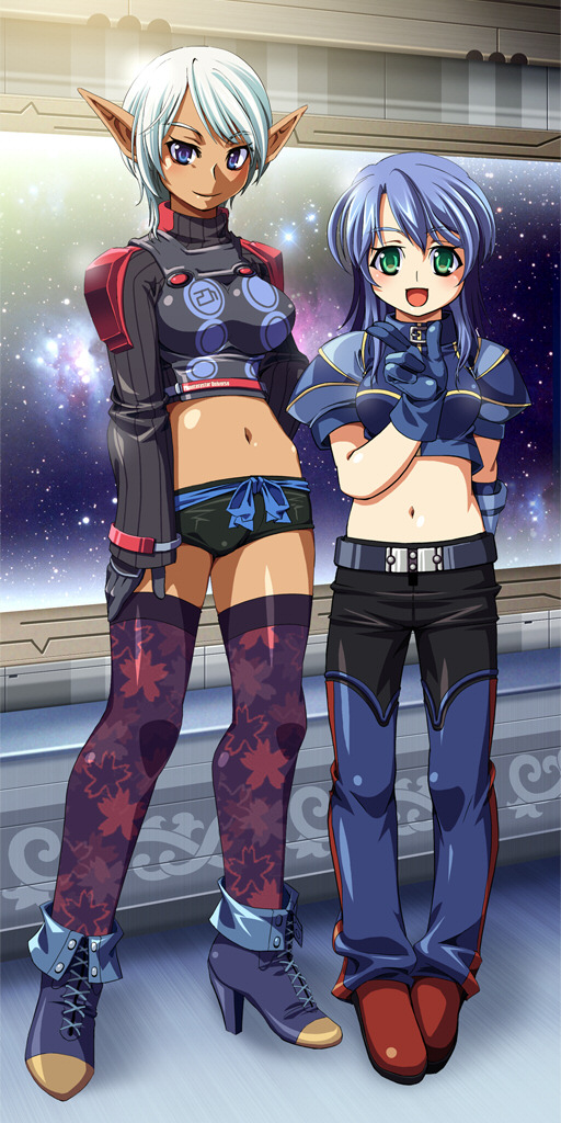 katy (artist), elvaan, final fantasy, final fantasy xi, phantasy star, phantasy star universe, 00s, 2girls, :d, belly, blue eyes, blue hair, bone, crop top, dark-skinned female, dark skin, elf, finger gun, gloves, green eyes, groin, height difference, high heels, hume, light smile, long hair, long sleeves, looking at viewer, midriff, multiple girls, navel, newearl, open mouth, pants, petite, pointy ears, puffy sleeves, shoes, short hair, short shorts, short sleeves, shorts, shoulder pads, sleeves past wrists, smile, space, standing, thighhighs, turtleneck, white hair, window