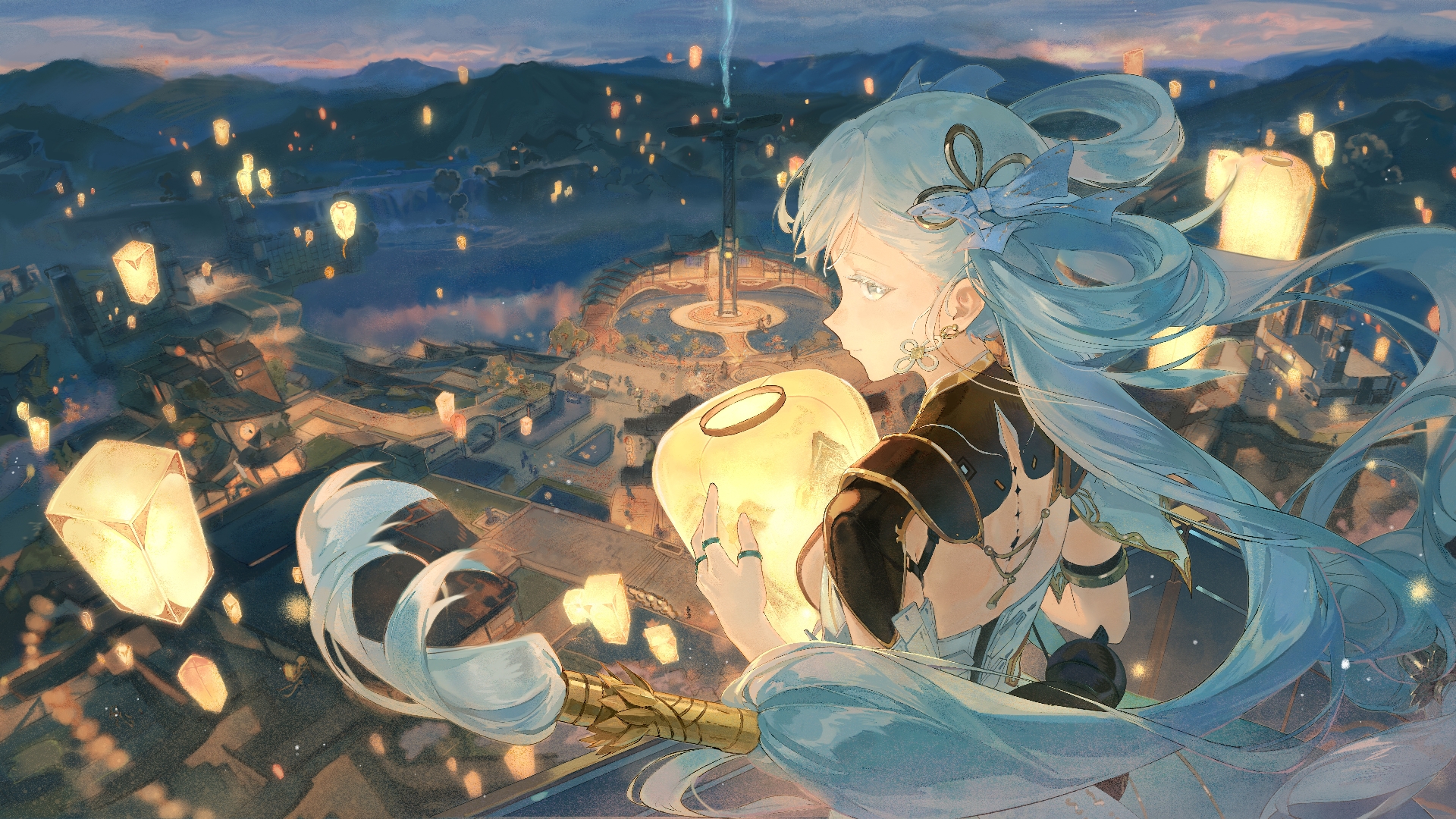 yuyin (uzrv7533), jinhsi (wuthering waves), wuthering waves, highres, official art, 1girl, black collar, bow, breasts, bright pupils, city, closed mouth, collar, colored eyelashes, earrings, from behind, hair bow, hair rings, holding, holding lantern, jewelry, lantern, medium breasts, missing commentary, outdoors, pangu terminal (wuthering waves), paper lantern, sideways glance, smile, solo, tacet mark (wuthering waves), white bow, white eyelashes, white eyes, white hair, white pupils