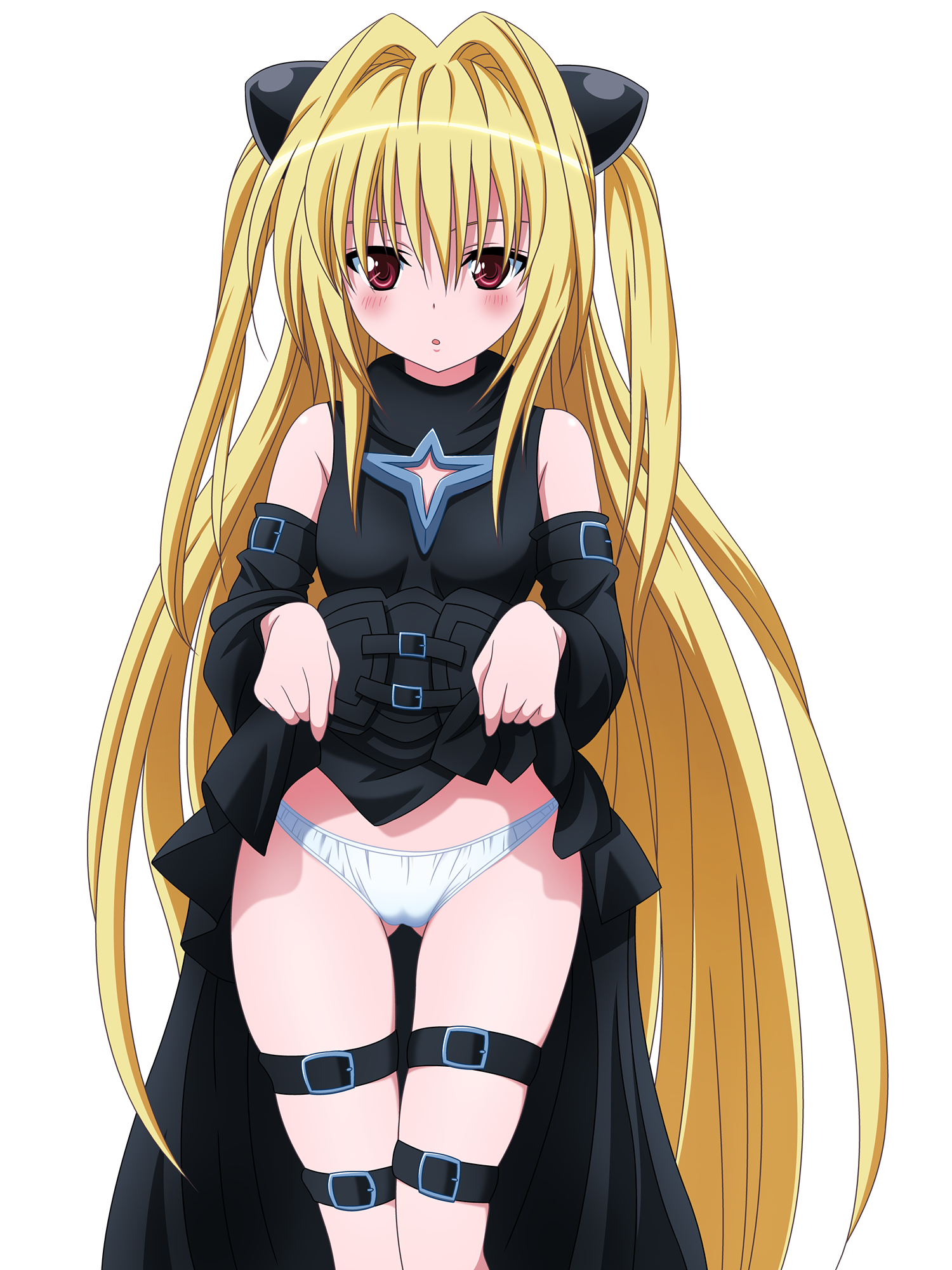 konjiki no yami, to love-ru, derivative work, highres, non-web source, vector trace, 00s, blonde hair, blush, cameltoe, clothes lift, goth fashion, long hair, panties, skirt, skirt lift, solo, thigh gap, thigh strap, thighs, transparent background, underwear