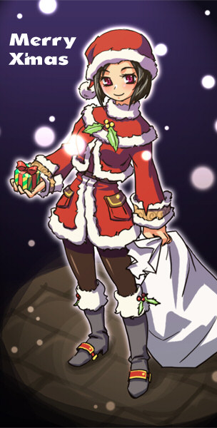 katy (artist), final fantasy, final fantasy xi, 00s, 1girl, capelet, christmas, female focus, full body, gift, hat, hume, outdoors, pantyhose, santa costume, santa hat, solo