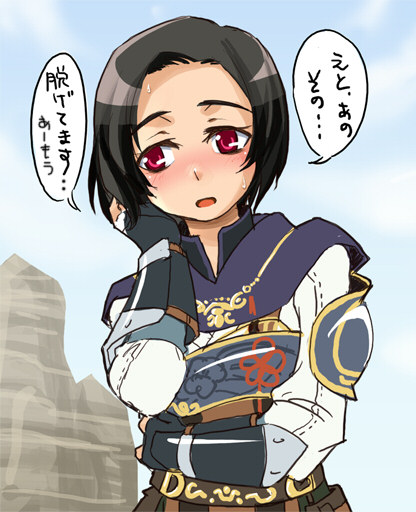katy (artist), final fantasy, final fantasy xi, translation request, 00s, 1girl, black hair, blush, female focus, hume, outdoors, red eyes, sky, solo, sweat