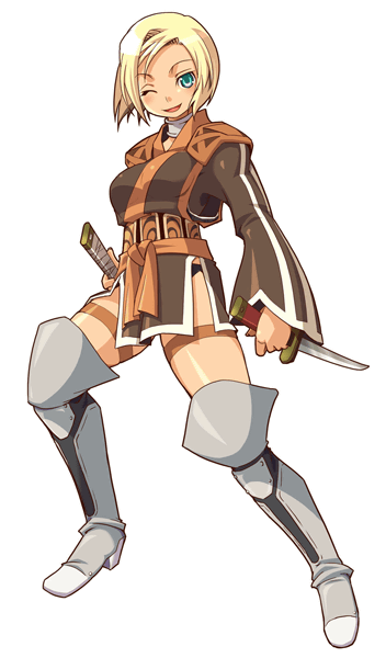 katy (artist), ninja (final fantasy), final fantasy, final fantasy xi, 00s, 1girl, blonde hair, dual wielding, female focus, holding, hume, katana, knife, ninja, one eye closed, reverse grip, short hair, solo, sword, thigh strap, weapon, wink