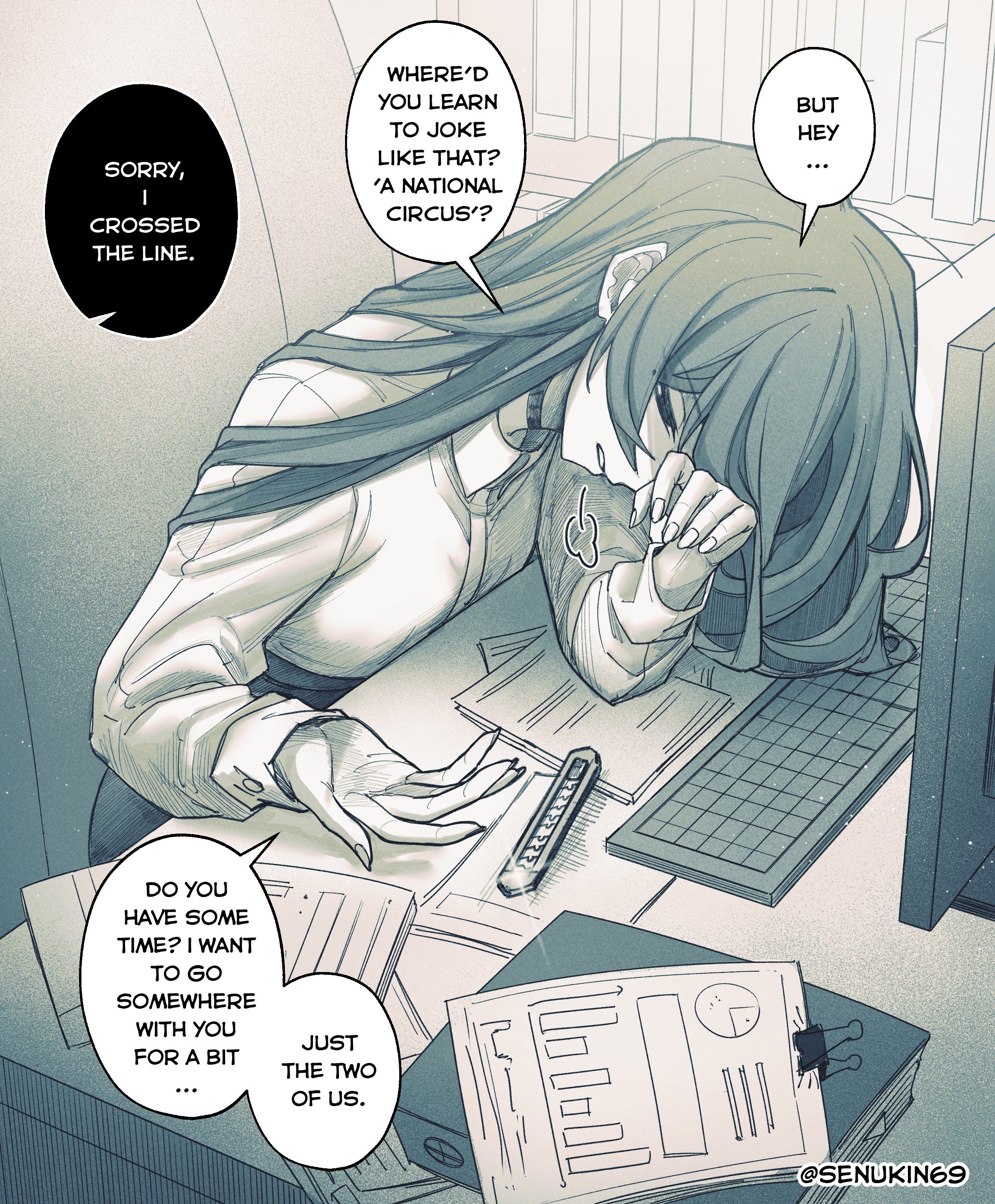 senukin, original, absurdres, commentary, english commentary, highres, 1girl, artist name, chair, choker, collared shirt, computer keyboard, english text, fingernails, greyscale, half-closed eyes, long hair, long sleeves, monochrome, paper, parted lips, puff of air, shirt, sitting, solo, speech bubble, table, talking, twitter username
