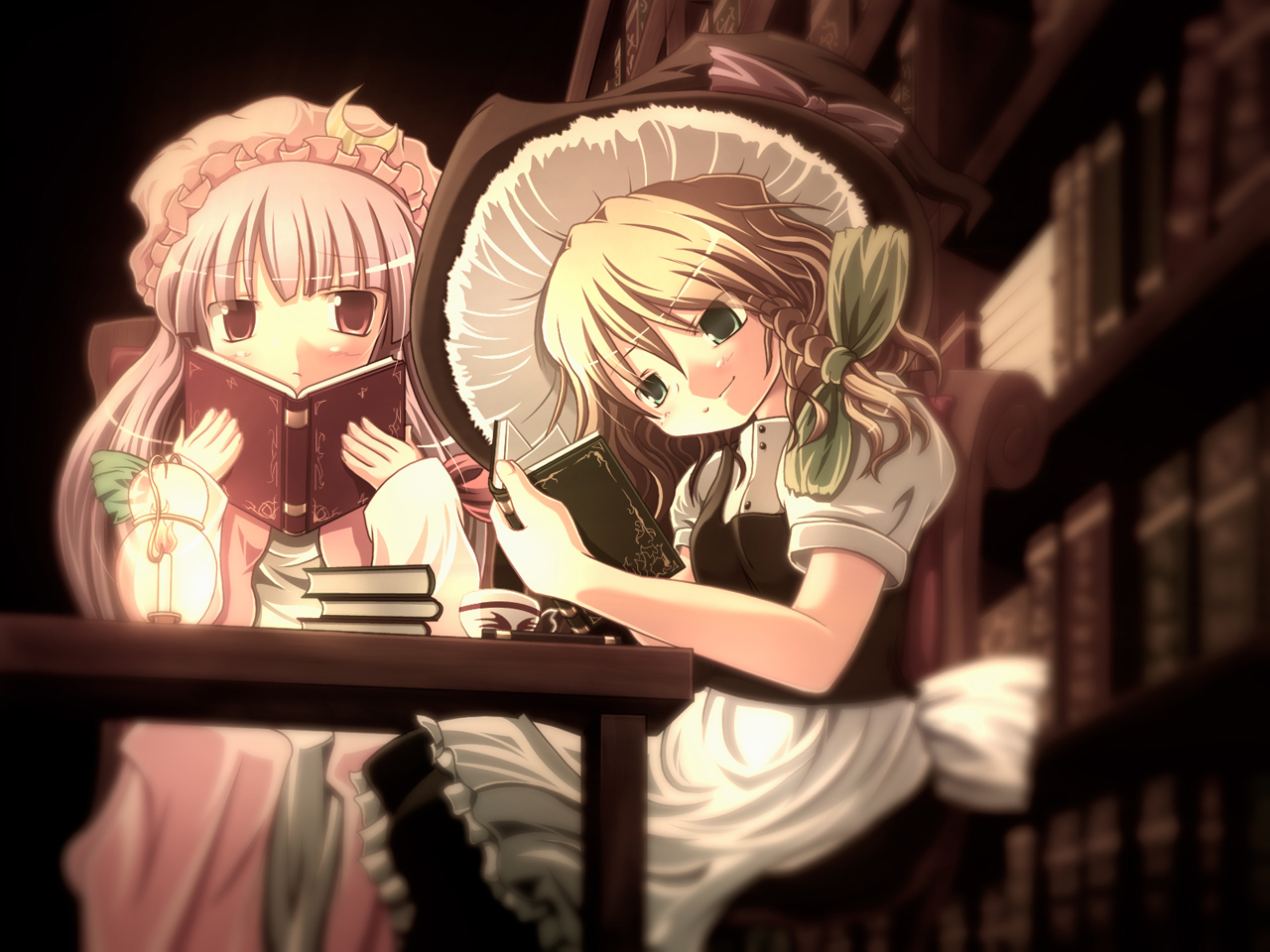 sakura tsuki inaba, kirisame marisa, patchouli knowledge, touhou, 2girls, apron, black dress, blonde hair, book, bookshelf, braid, cellphone, dress, female focus, frills, hat, library, long hair, looking at viewer, multiple girls, phone, pink dress, puffy short sleeves, puffy sleeves, purple eyes, purple hair, short sleeves, single braid, sitting, very long hair, voile, waist apron, witch hat