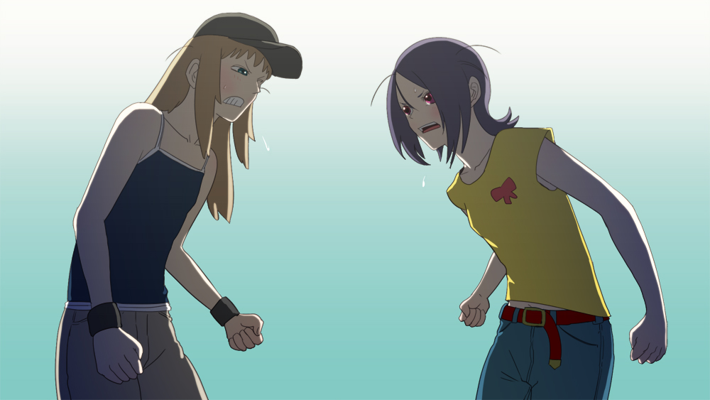 nagasawa shin, hasebe ai, kaminogi haruka, noein, screencap, bad id, bad pixiv id, 00s, 2girls, ahoge, angry, bare shoulders, blonde hair, blush, bracelet, collarbone, green eyes, hat, jewelry, multiple girls, purple hair, red eyes, sweat