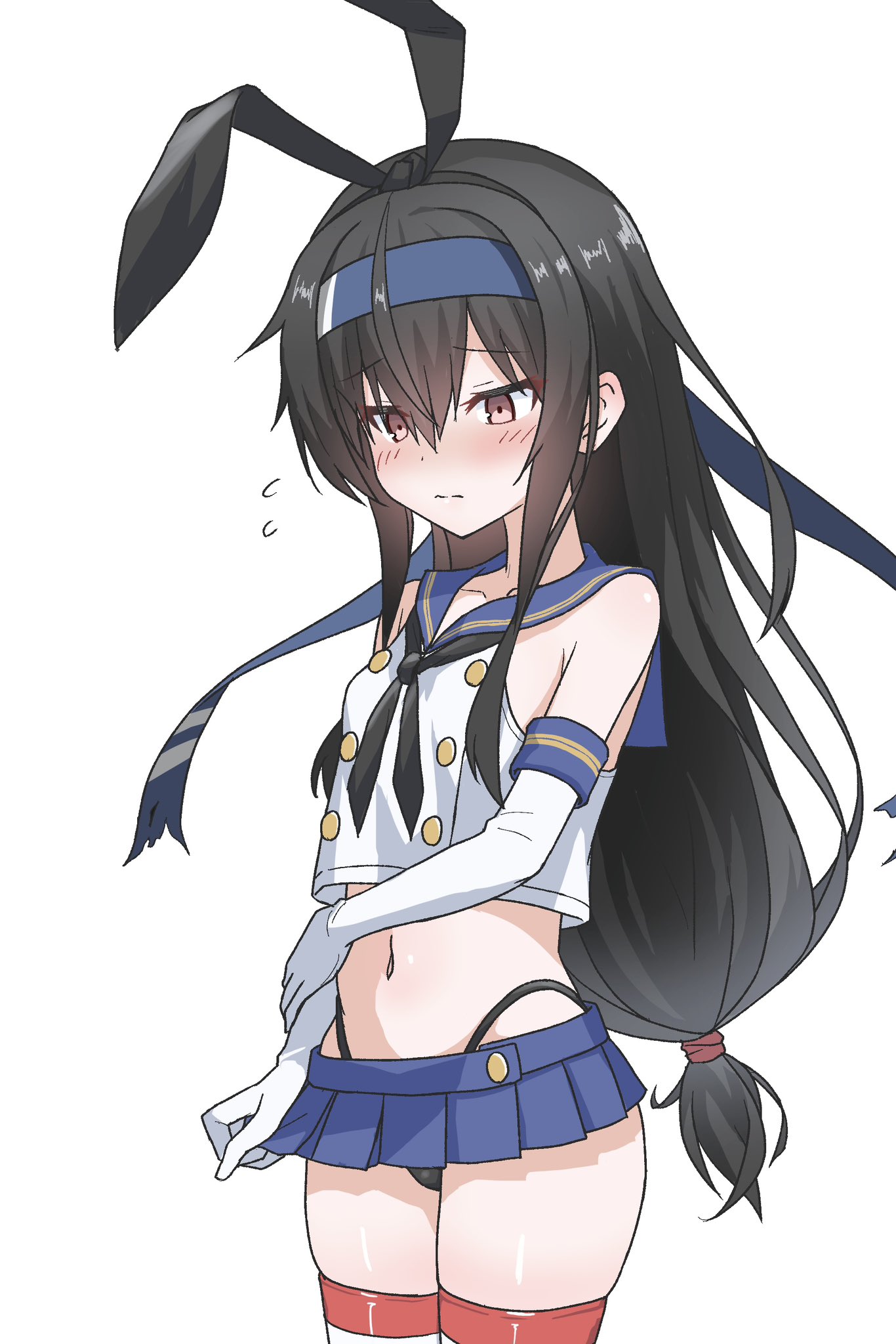 umino ht, aesop carl, hatsushimo (kancolle), hatsushimo kai ni (kancolle), shimakaze (kancolle), kantai collection, highres, 1girl, black hair, black hairband, black neckerchief, black panties, blue sailor collar, blue skirt, blush, cosplay, crop top, elbow gloves, gloves, hair between eyes, hairband, headband, highleg, highleg panties, horizontal-striped thighhighs, long hair, low-tied long hair, microskirt, navel, neckerchief, panties, pleated skirt, red eyes, sailor collar, school uniform, shimakaze (kancolle) (cosplay), skirt, solo, striped clothes, striped thighhighs, thighhighs, underwear, white gloves