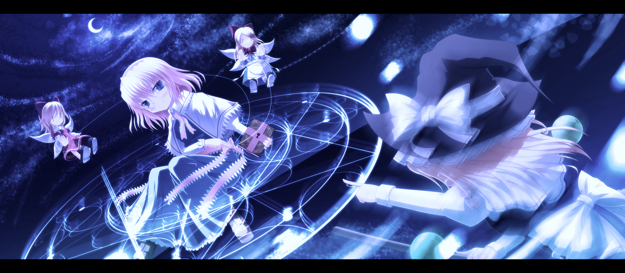 sakura tsuki inaba, alice margatroid, hourai doll, kirisame marisa, shanghai doll, touhou, 2girls, blonde hair, crescent moon, female focus, letterboxed, magic circle, moon, multiple girls