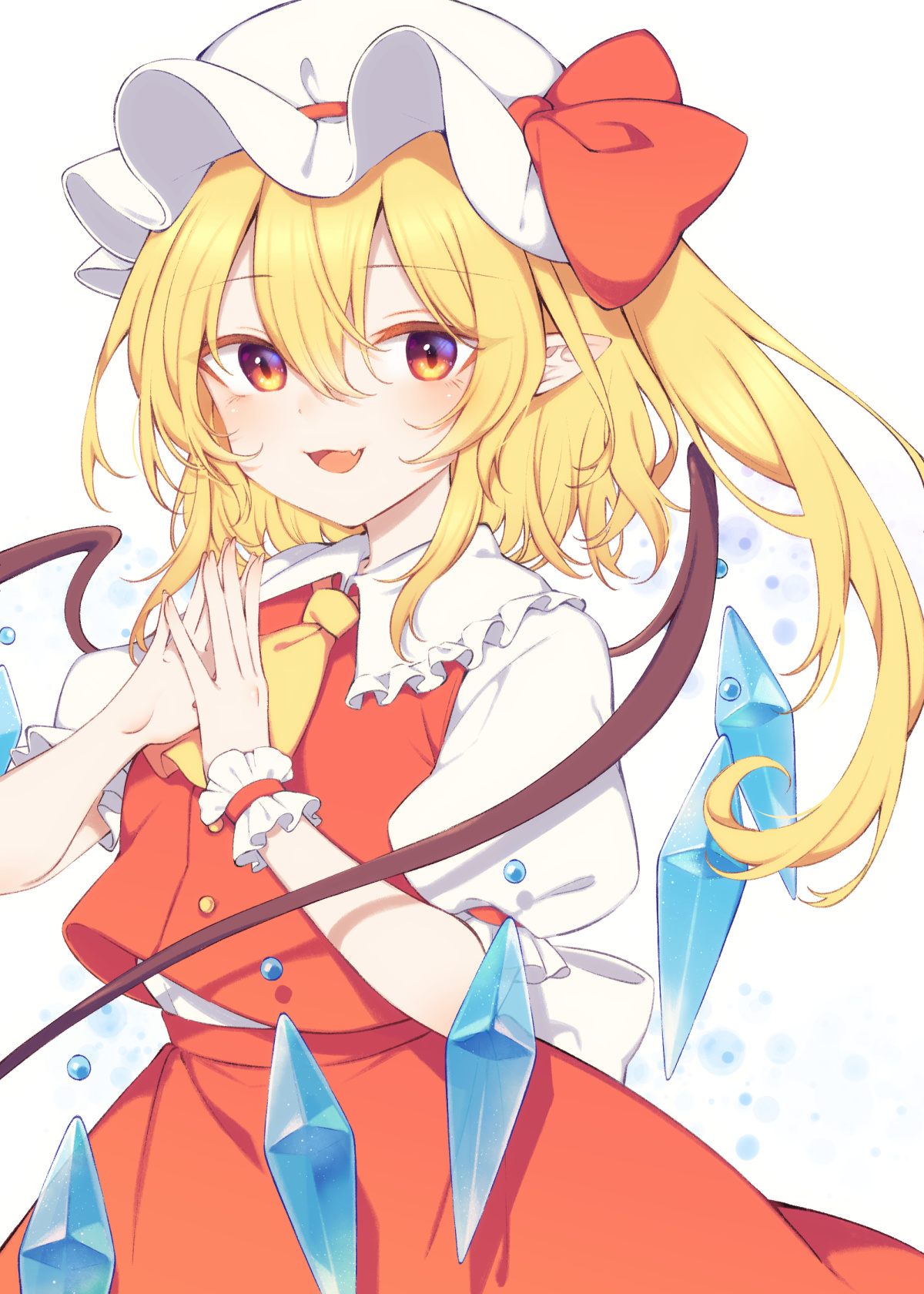 tama (soon32281), flandre scarlet, touhou, commentary request, highres, 1girl, :d, ascot, blonde hair, bow, collared shirt, cowboy shot, double-parted bangs, fang, frilled shirt collar, frills, hair between eyes, hat, hat bow, long hair, looking at viewer, mob cap, one side up, open mouth, pointy ears, puffy short sleeves, puffy sleeves, red bow, red eyes, red skirt, red vest, shirt, short sleeves, simple background, skin fang, skirt, smile, solo, steepled fingers, vest, white background, white hat, white shirt, wings, wrist cuffs, yellow ascot