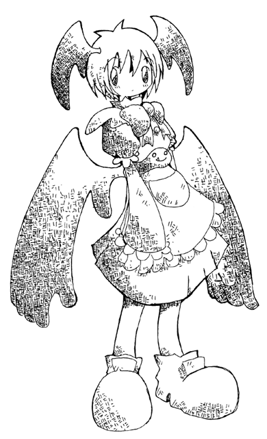 lilith (darkstalkers), capcom, darkstalkers, large feet, bad source, 1girl, amazake (manuke no oukoku), apron, apron pocket, apron pouch, blush, bow, bowtie, buttons, crosshatching, demon girl, dress, expressionless, full body, hatching (texture), head wings, high collar, juliet sleeves, lace-trimmed apron, lace-trimmed sleeves, lace trim, legs apart, lineart, long sleeves, maid apron, medium dress, monochrome, pocket, pouch, puffy sleeves, shoes, sleeves past wrists, solo, standing, wings