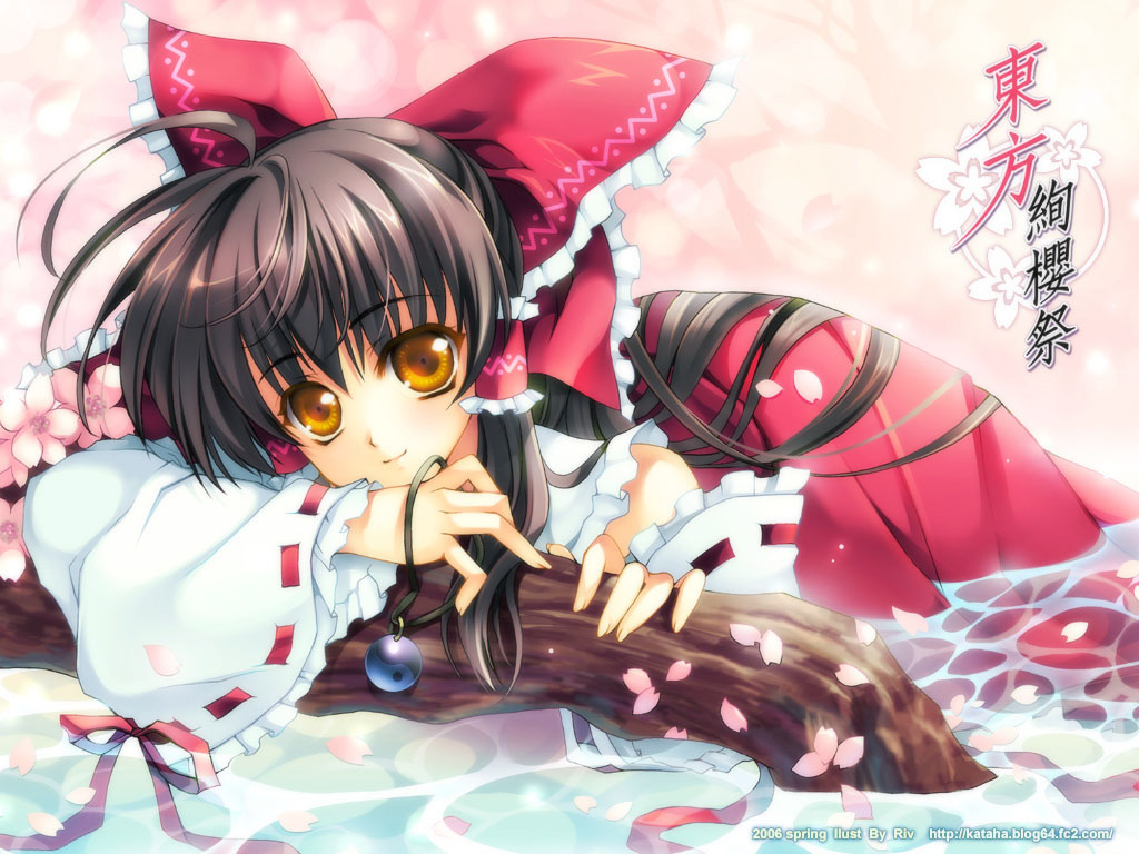 riv (rivleaf), hakurei reimu, touhou, 1girl, brown hair, female focus, hair ribbon, long hair, lying, orange eyes, ribbon, solo