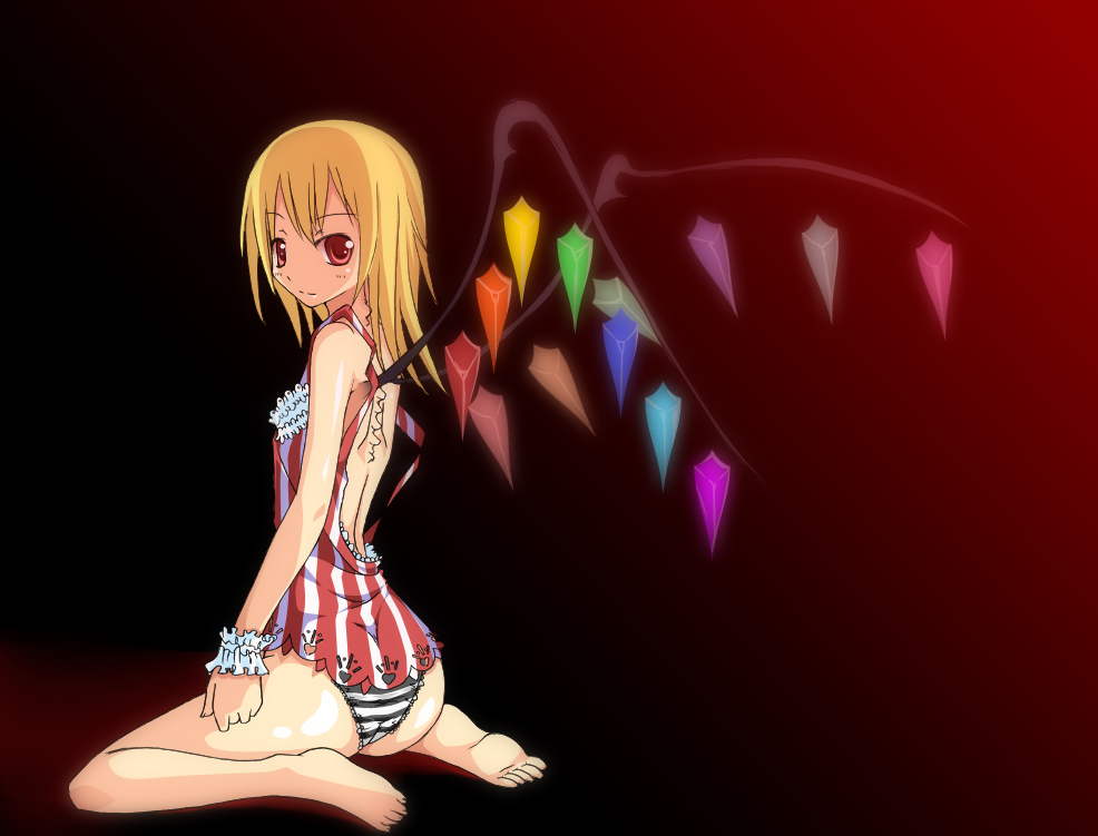 kirise mitsuru, flandre scarlet, touhou, 1girl, ass, blonde hair, feet, female focus, from side, full body, gradient background, legs, panties, red background, red eyes, solo, underwear