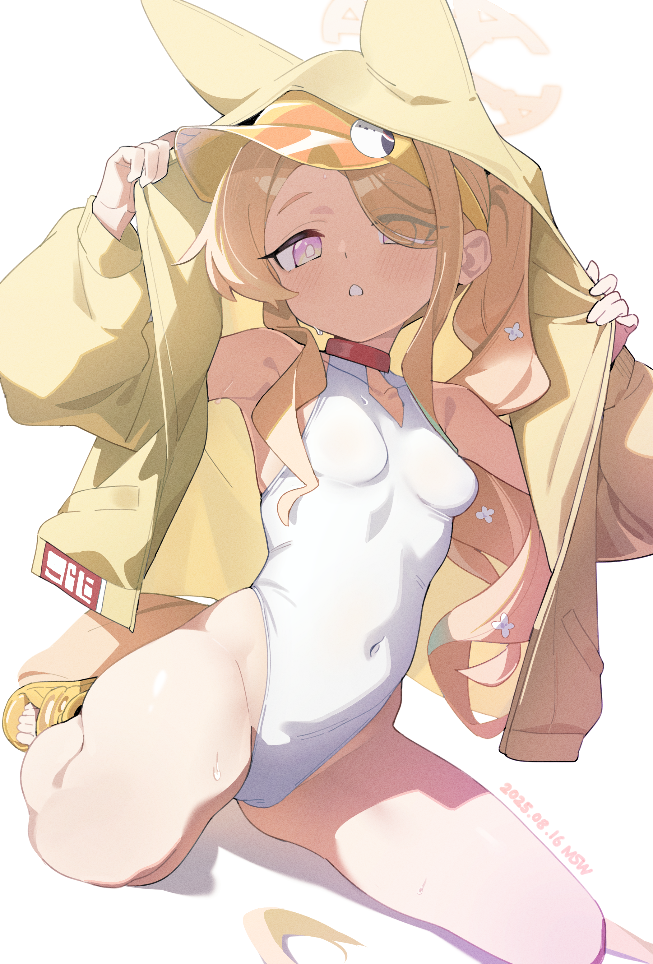 midsummerw, seia (blue archive), seia (swimsuit) (blue archive), blue archive, absurdres, highres, 1girl, animal ears, bare legs, bare shoulders, blonde hair, breasts, choker, clothing cutout, collarbone, covered navel, dated, eyes visible through hair, fox girl, full body, halo, highleg, highleg one-piece swimsuit, hood, jacket, long hair, long sleeves, looking at viewer, multicolored eyes, one-piece swimsuit, open clothes, open jacket, open mouth, pink eyes, sandals, side ponytail, simple background, sitting, small breasts, solo, sweat, swimsuit, tail, two-tone eyes, visor cap, white background, white one-piece swimsuit, yellow eyes, yellow jacket, yellow sandals