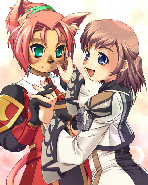 katy (artist), mithra (ff11), red mage (final fantasy), final fantasy, final fantasy xi, 00s, 2girls, animal ears, blue eyes, gloves, green eyes, holding hands, hume, multiple girls, red hair, redmage, tail