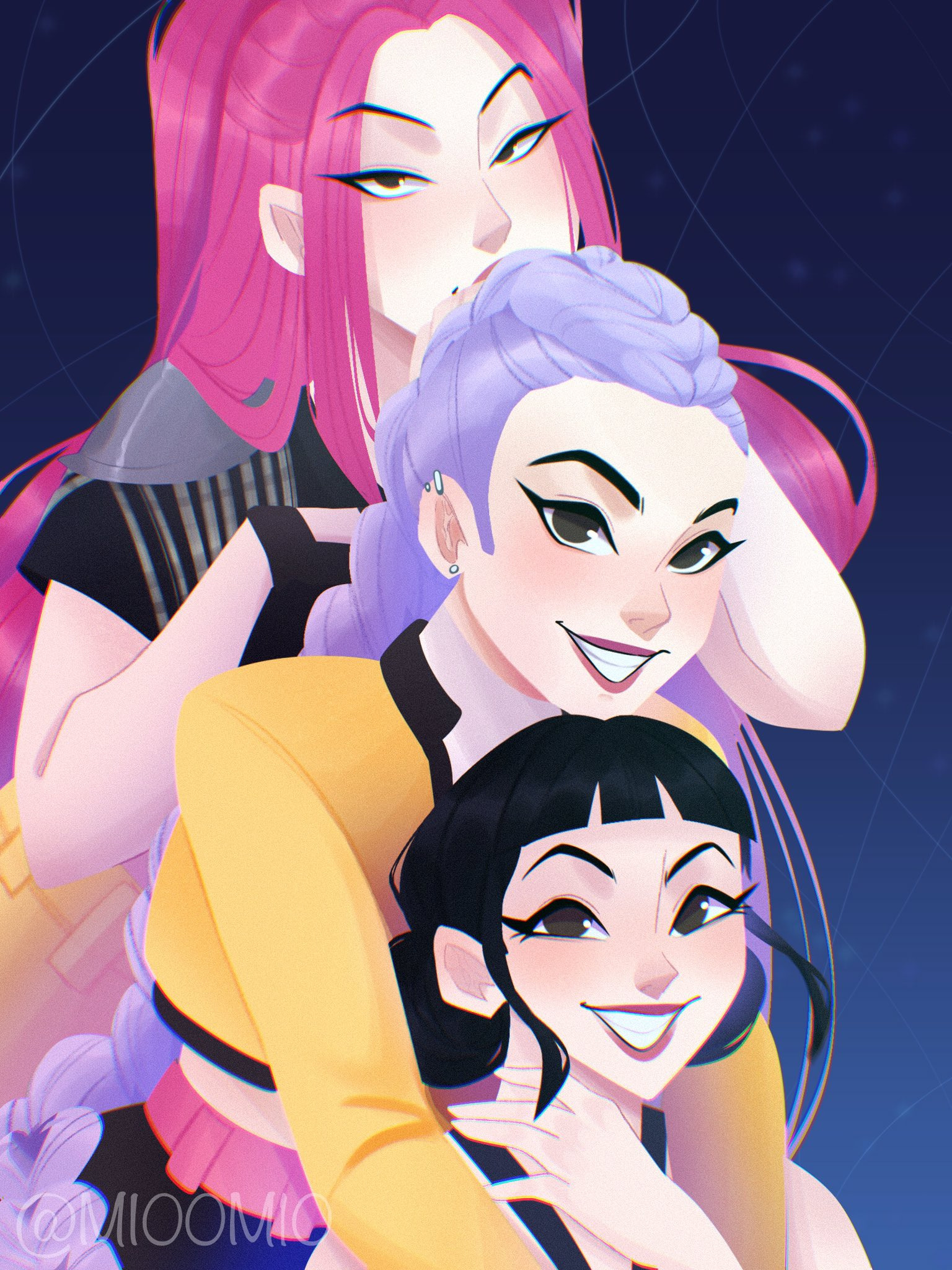 mira (kpop demon hunters), rumi (kpop demon hunters), zoey (kpop demon hunters), kpop demon hunters, commentary, highres, symbol-only commentary, 3girls, black hair, braid, braided ponytail, brown eyes, cropped jacket, double bun, hair bun, jacket, long hair, looking at viewer, mio00-00, multiple girls, pink hair, purple hair, short bangs, sidelocks, smile, twintails, yellow jacket