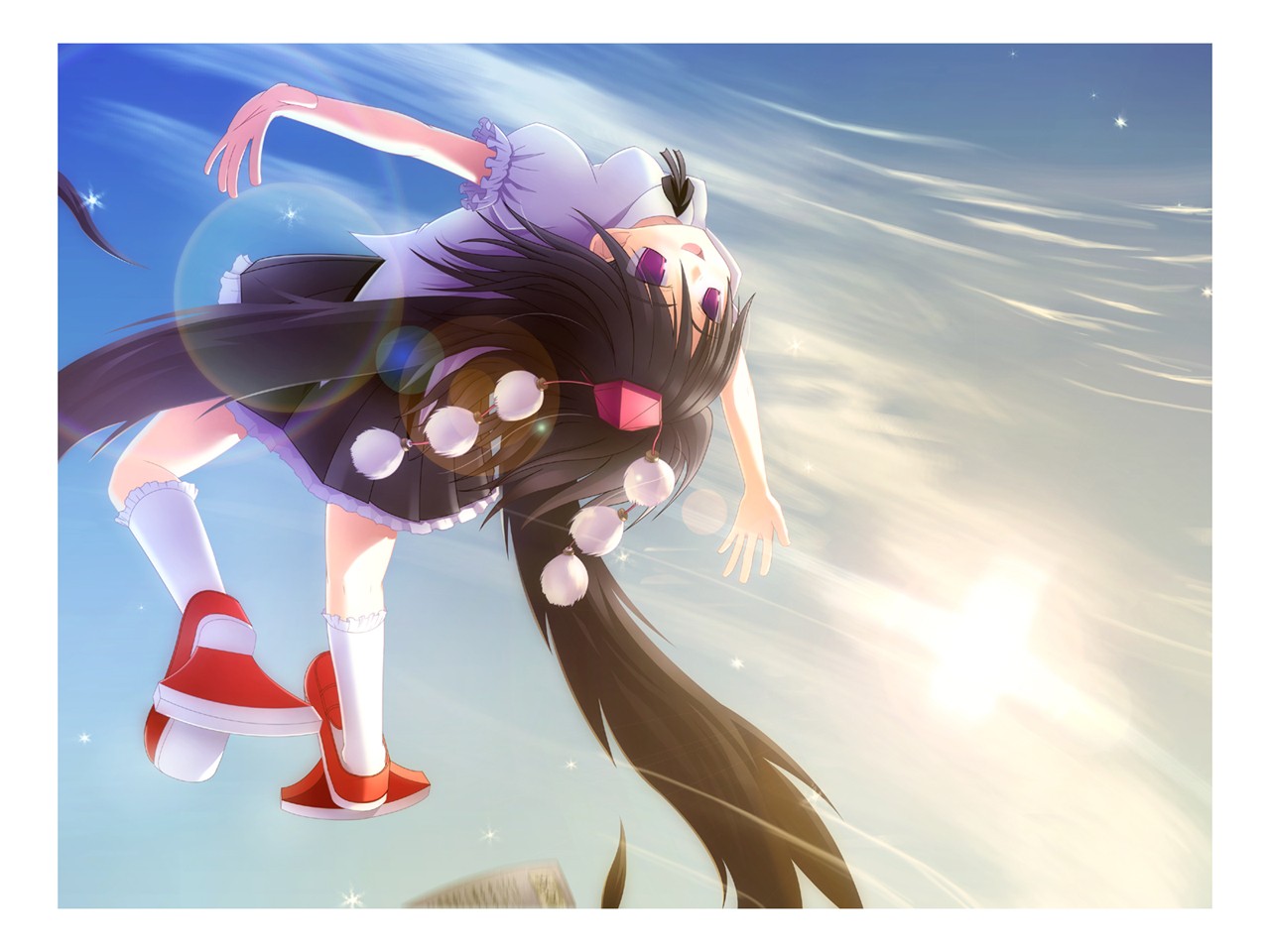 sakura tsuki inaba, shameimaru aya, touhou, looking away, 1girl, black wings, female focus, flying, geta, hat, smile, solo, tengu-geta, wings