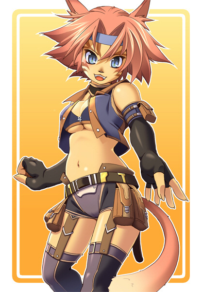 katy (artist), mithra (ff11), final fantasy, final fantasy xi, 00s, 1girl, animal ears, breasts, elbow gloves, female focus, fingerless gloves, gloves, headband, midriff, small breasts, solo, tail, thighhighs, underboob
