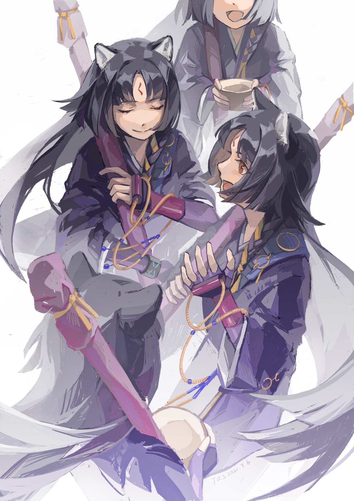 teslan, saga (arknights), arknights, chinese commentary, commentary request, highres, 1girl, :d, animal ears, beads, black hair, black kimono, bowl, brown eyes, closed eyes, closed mouth, facial mark, forehead mark, grey hair, hair ribbon, holding, holding bowl, japanese clothes, kimono, long hair, looking ahead, multiple views, open mouth, parted bangs, profile, purple kimono, ribbon, simple background, smile, white background, yellow ribbon