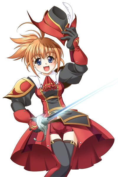 katy (artist), red mage (final fantasy), final fantasy, final fantasy xi, 00s, 1girl, black hat, blue eyes, brown hair, female focus, hat, holding, holding unworn clothes, holding unworn hat, hume, ponytail, rapier, red hat, redmage, simple background, solo, sword, thighhighs, unworn hat, unworn headwear, weapon