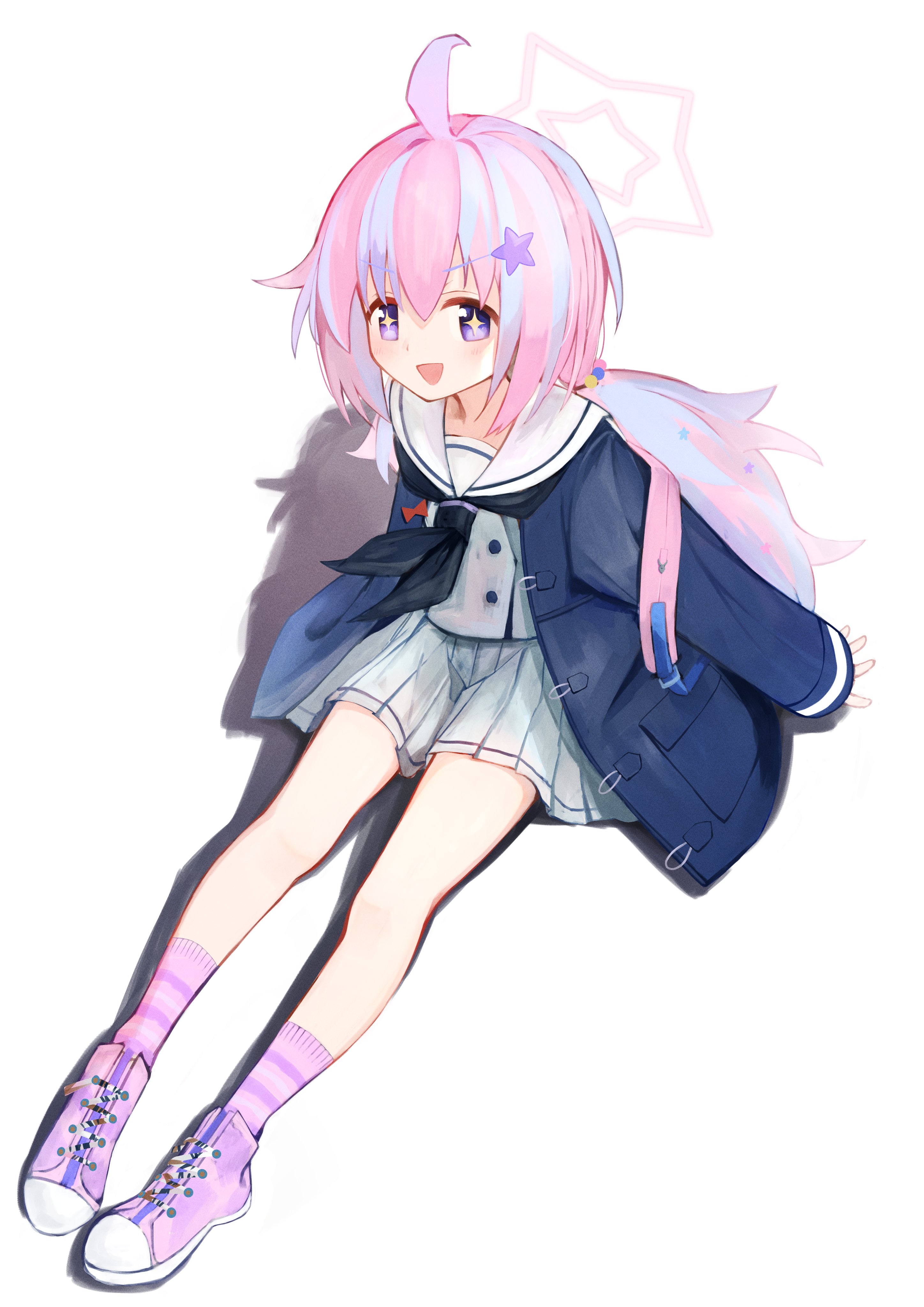 r32532107, reisa (blue archive), blue archive, absurdres, commentary, highres, + +, 1girl, :d, ahoge, arm at side, black jacket, black neckerchief, blue hair, blush, buttons, cross-laced shoes, dutch angle, full body, grey serafuku, grey shirt, grey skirt, hair bobbles, hair ornament, halo, happy, jacket, long hair, looking at viewer, low twintails, miniskirt, multicolored hair, neckerchief, open clothes, open jacket, open mouth, outstretched legs, pink hair, pink halo, pink shoes, pink socks, pleated skirt, purple eyes, sailor collar, school uniform, serafuku, shadow, shirt, shoes, simple background, sitting, skirt, sleeves past wrists, smile, socks, solo, star (symbol), star hair ornament, star halo, streaked hair, striped clothes, striped socks, tareme, twintails, v-shaped eyebrows, white background, white sailor collar