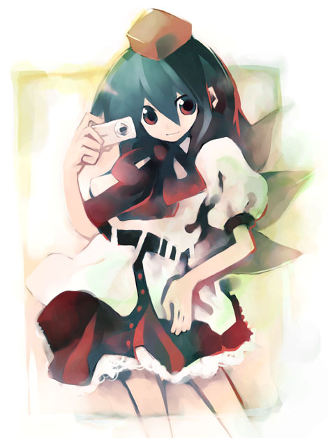 shameimaru aya, touhou, 1girl, camera, female focus, hat, looking at viewer, solo