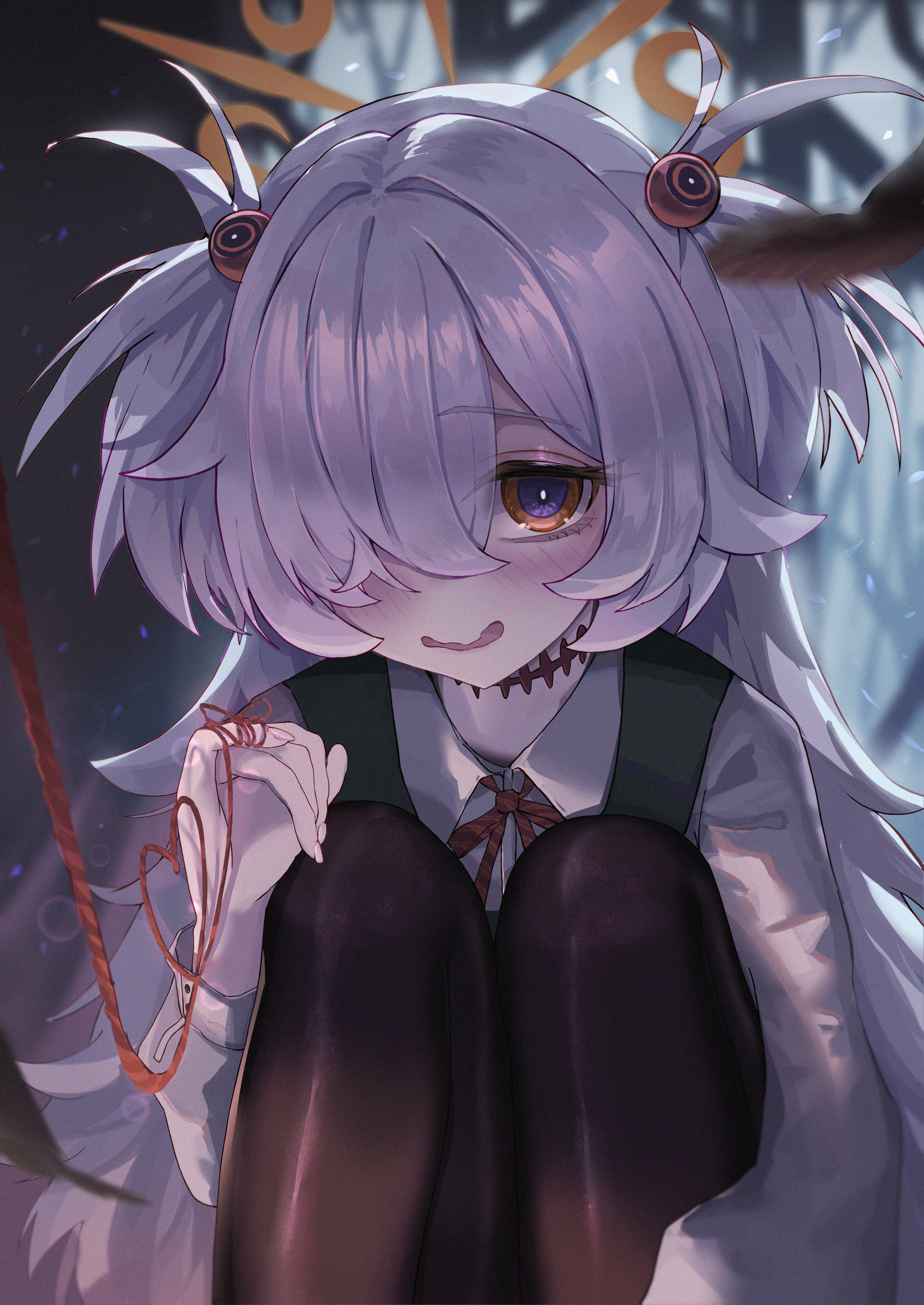 nekoplanetouo, kanoe (blue archive), blue archive, absurdres, highres, 1girl, bags under eyes, black pantyhose, blush, brown eyes, brown halo, collared shirt, grey hair, hair over one eye, halo, long hair, long sleeves, looking at viewer, neck ribbon, open mouth, pantyhose, puffy long sleeves, puffy sleeves, red ribbon, ribbon, shirt, solo, two side up, white shirt
